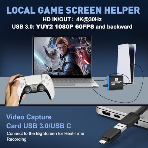HDMI Capture Card for Nintendo Switch 2, 1080P 60FPS, Blue | USB-C adapter included for MacBook and iPad, OBS streaming, 4K 30Hz passthrough, works with PS5, Xbox and PC - color: Blue