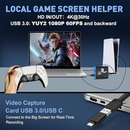 HDMI Capture Card for Nintendo Switch 2, 1080P 60FPS, Blue | USB-C adapter included for MacBook and iPad, OBS streaming, 4K 30Hz passthrough, works with PS5, Xbox and PC - color: Blue