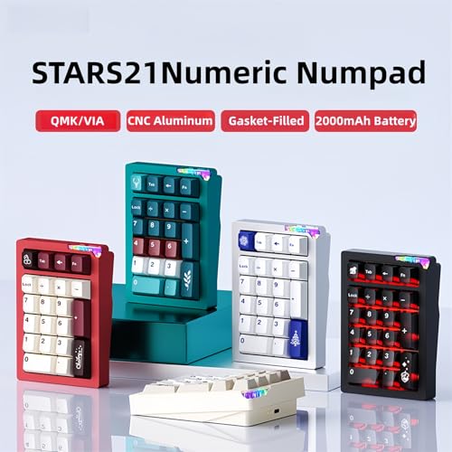 STARS21 Mechanical Number Pad,Aluminum CNC VIA/QMK Programmable Macro Numpad Gasket Hot Swappable Wireless Numeric Keypad BT5.0/2.4Ghz/USB-C RGB Gaming Keypad for Laptop/PC/Office (Red-Cherry) - color: Red-Cherry