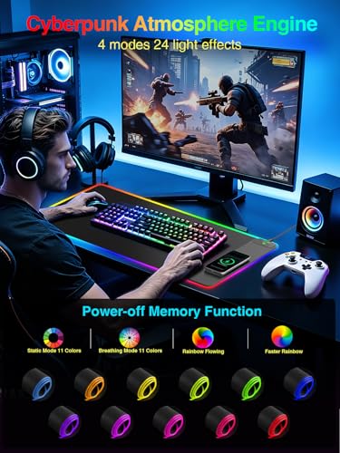 Wireless Charging Mouse Pad Gaming, 31.5"x15.8" Large Desk Mat, Waterproof | RGB Mousepad, Smooth Glide, Stitched Edge, Non-Slip Rubber Base, Desk Pad Computer Keyboard Mat, No Adapter - color: RGB-31.5"x15.8"-Right