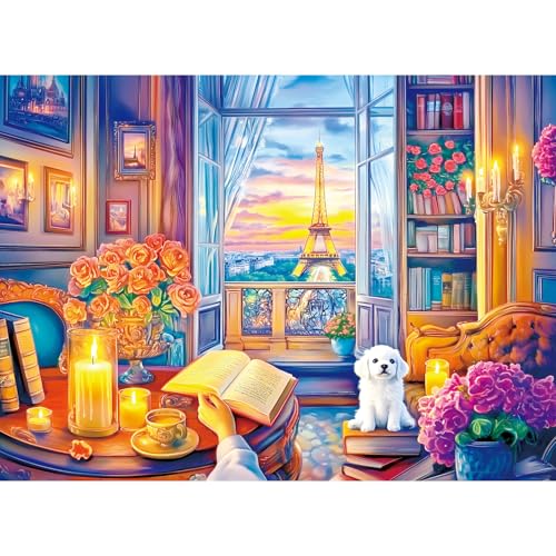 300 Pieces Puzzles for Adults,Eiffel Tower Dusk Reading Scene Jigsaw Puzzle | Interlock Perfectly Letter on Back No Dust,Home Wall Art Decor,Challenging Perfect Birthday Party Gift for Family, 20.5x15 In - color: Tower Dog