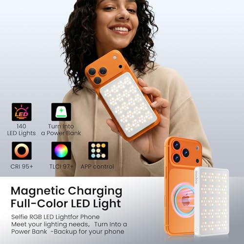 Selfie Phone Light with Magnetic,140 LED 1800K-10000K 4900mAh + Power Bank RGB Video Light CRI 96+ Professional Portable Lighting for Camera, TikTok, Vlog, Makeup, Zoom,Selfie - size: 140
