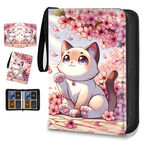 4 Pocket Trading Card Binder, Holds 400 Cards, PU Zipper Binder | PU leather cover, holds 400 cards, 50 removable pages, zipper closure, portable storage and protection. - color: Cute cat