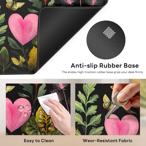 Large Gaming Mouse Pad, XL Desk Protector, Non-Slip Base | 31.5x15.7 in Extended Desk Mat with Stitched Edges for Keyboard, Work, Game, Office, Home PC and Laptop - color: Heart Flowers