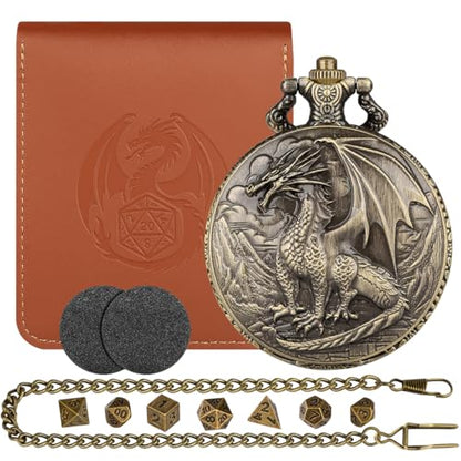 Mini D&D Dice Set with Steampunk Red Dragon Pocket Watch Shell Case, Tiny 7pcs Polyhedral Metal DND Dice, Gift Set with Leather Bag, RPG Accessories, DND Starter Set, Bronze - color: Red Dragon