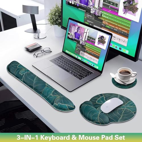 Mouse Pad with Wrist Rest Set, 3-in-1 Wrist Support Mousepad | Gaming Mat Pad with Anti-Skid Base,Ergonomic Mouse Pad Green,Memory Foam Gel Wrist Rest for Computer Keyboard - color: Golden Green Palm Leaves