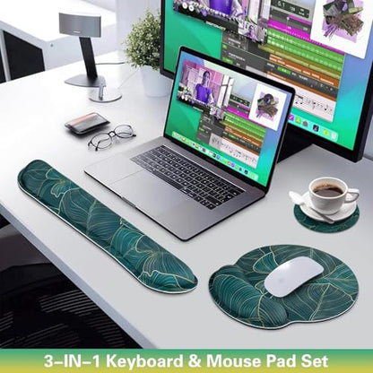 Mouse Pad with Wrist Rest Set, 3-in-1 Wrist Support Mousepad | Gaming Mat Pad with Anti-Skid Base,Ergonomic Mouse Pad Green,Memory Foam Gel Wrist Rest for Computer Keyboard - color: Golden Green Palm Leaves