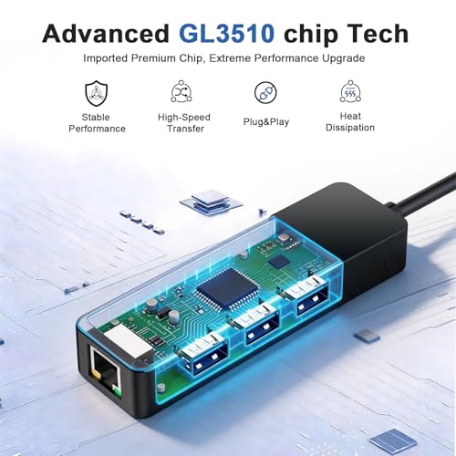ALL-LUCKY USB to Ethernet Adapter, 4 in 1 USB C to Ethernet Adapter Hub with 3×USB 3.0 Ports, 1000Mbps Network HUB for MacBook, Dell XPS, Surface, HP Laptops (for USB-C Phones & iPad) - size: 0.9FT -USB C to Ethernet Adapte