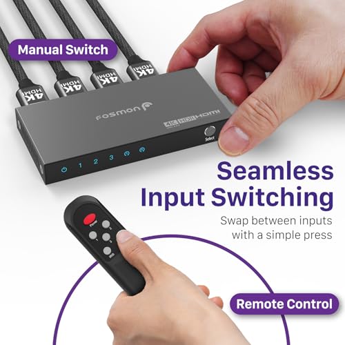 Fosmon 3-Port HDMI 4K Switch with Remote, Support 4K@60Hz HDCP 2.2 High Speed 18Gbps 3 in 1 Out Auto-Switching 3x1 HDMI 2.0 Switcher Splitter Hub Compatible with PS5, Xbox X, Apple TV - style: 4K HDMI Switch 3 In 1 Out