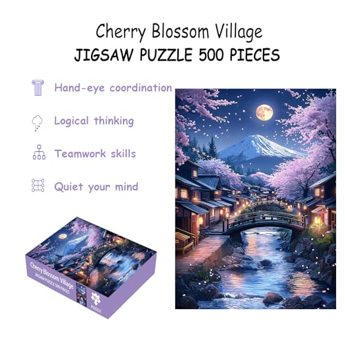 Puzzles for Adults 500 Pieces, Cherry Blossom Jigsaw Puzzles - Cherry Blossom Village, Impossible Unique Puzzle for Seniors Family, 20.47 x 14.96 inches, 1:1 Poster, Letter on The Back - style: Cherry