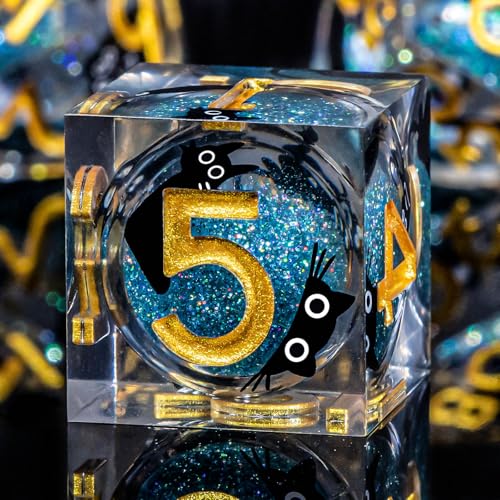 Roycevon Resin DND Dice Set with Gift Box, 7Pcs Liquid Core Cat D&D Dice, Cute Dungeons Dragons D and D Dice, Sharp Edge Role Playing Game Dice D20 D12 D10 D8 D6 D4, Blue Gold - color: Blue Gold