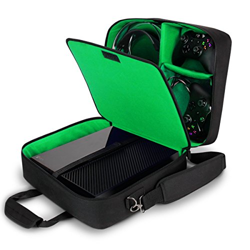 USA Gear Console Carrying Case Fits Xbox One, Series S, Xbox 360 - Travel Case with Water Resistant Exterior, Customizable Accessory Storage for Controllers, Power Cables Gaming Headset & more - color: Black and Green
