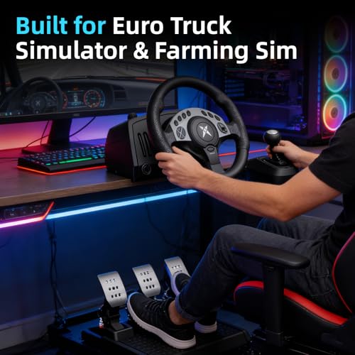 NBCP PC Racing Wheel - 1080 Degree 28CM 11" Steering Wheel with 3-Pedals and H-Shifter - Magnetic Induction & Metal Bearings, Sim Driving Wheel for Euro Truck Simulator 2, Farming Sim, Windows PC - color: Black with Metal Pedal