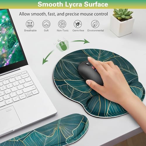 Mouse Pad with Wrist Rest Set, 3-in-1 Wrist Support Mousepad | Gaming Mat Pad with Anti-Skid Base,Ergonomic Mouse Pad Green,Memory Foam Gel Wrist Rest for Computer Keyboard - color: Golden Green Palm Leaves