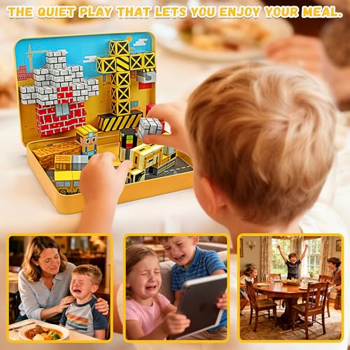 54 Pcs Mini Magnetic Blocks Travel Toys with Iron (Yellow) | Kids 3+ Mini Magnetic Cubes for Airplane & Car Ride Portable Storage Box Toddler Gifts Christmas Halloween New Year birthday