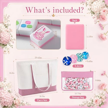 Soulchen 1.2 Inch Pink Tea Party Themed American Mahjong Tiles Set | Complete 168 Pastel Melamine Tiles with Dice Large Tote Bag Portable Pouch for Game Night Travel Vacation Collection Gift