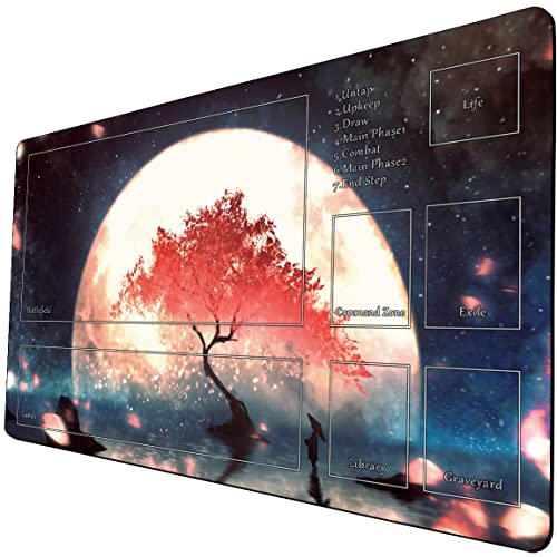 MTG Playmat, TCG Play Mat for RPG OCG 24 x 14 inches Trading Card Playmats with Storage Bag Smooth Rubber Surface Battle Game - color: Cherry Blossom Moon With Zones