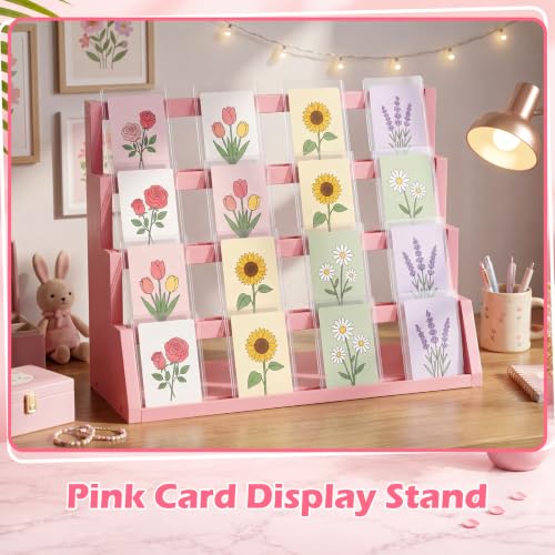 Junkin 4-Tier Pink Wooden Greeting Card Display Stand, Trading Cards Display Cases Tabletop for Idol Game Sports Collection Showcase, Ideal Gift for Card Collectors
