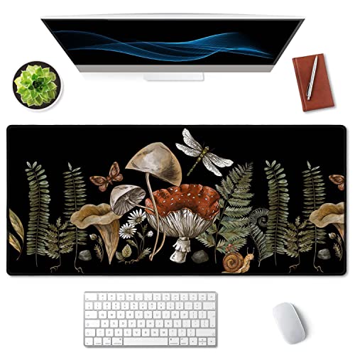 SSOIU Cute Witch Magic Mushroom Forager Fern Desk Mat, Boho Extended Mouse Pad, Extra Large Gaming Desk Pad Non-Slip Water-Resistant Rubber Base Computer Keyboard Mouse Mat, 35.5 x 15.7-inch - color: Mushroom Forager Fern