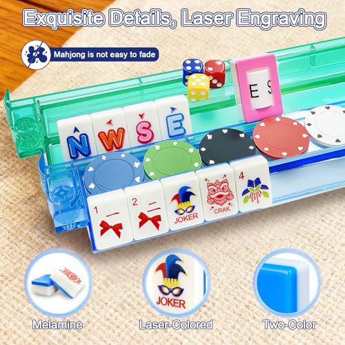 Deluxe American Mahjong Tile Set, 166 Unique Designer Tiles, Blue | Complete game kit with 4 pcs shuffler cards, 4 all-in-one racks/pushers and custom premium travel bag for family game night. - color: Blue