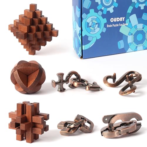 CUDNY 7 Pieces Unlock Interlock Brain Teaser Games Retro Wooden and Metal Puzzles IQ Logic Fun Puzzles - style: Set D