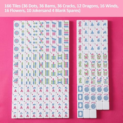 American Mahjong Game Set, 166 Pink Tiles (1.2”), 4 All-in-One Color Rack/Pushers & Drawstring Bag, Complete Mahjong Sets with Pink Printed Carrying Bag and Mahjong Tile Set Accessories - color: Pink