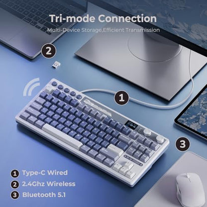 RK ROYAL KLUDGE M87 Wireless Gaming Keyboard with Screen & Dual Knobs, Blue | Bluetooth/2.4G/Wired, Hot Swappable Cream Switches, 5-Layer Noise Dampening Gasket Structure,Compact 75% Size for PC/WIN/Mac - color: Blue