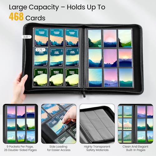 9 Pocket Trading Card Binder with 500 Card Sleeves, 26 Side-Loading Pages Hold 468 Trading Cards, Black PU Cover Zip Card Collection Binder with Side Label, MTG, TCG, Game Cards, Sport Cards Organizer