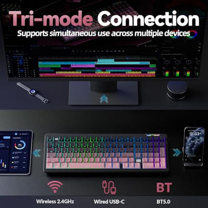 LINGBAO K98 - 96% Wireless Mechanical Keyboard, Tri-Mode BT5.0/2.4GHz/USB-C, Creamy Keyboard with Number Pad, Gasket Hot Swappable Linear Switches RGB Backlit Gaming Keyboards for Win/Mac/PC, (Pink) - color: K98 | 10000mAh | Gradient Black Pink
