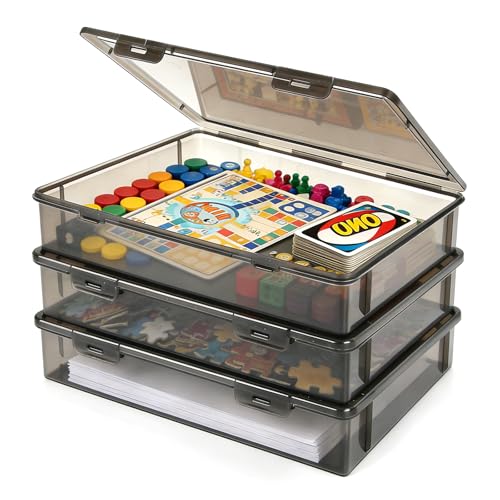 Board Game Storage, 3 Pack Stackable Board Game Storage Box with Snap Tight Latch Lid, Plastic Case Bin for Games Puzzle Magazine A4 Paper Craft Hobby (Black) - color: Translucent Black
