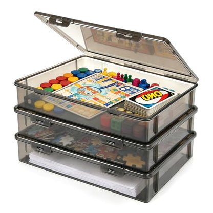 Board Game Storage, 3 Pack Stackable Board Game Storage Box with Snap Tight Latch Lid, Plastic Case Bin for Games Puzzle Magazine A4 Paper Craft Hobby (Black) - color: Translucent Black