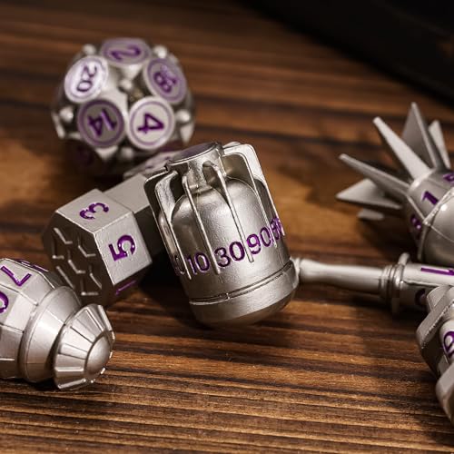 UDIXI Metal DND Dice Set 7PCS Nickel RPG Polyhedral Metal D&D Dice Set | Bomb Shape, Purple Numbers, Solid Metal, Cool Design, Leather Pouch Pakaging, for Dungeons and Dragons Role Playing Games - color: Nickel Purple