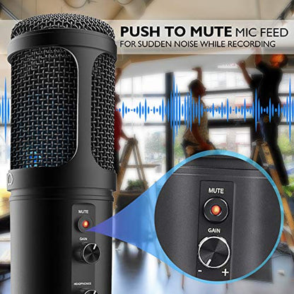 JOVIAL Pyle USB PC Recording Condenser Microphone, Portable Pro Audio Condenser Desk Mic, Blue LED, Adjustable Gain, Headphone Jack, Mute Control, Tripod Stand, for Podcast Streaming Gaming