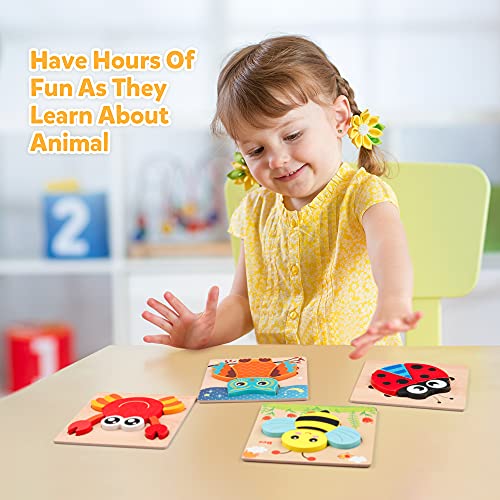 Coogam Wooden Jigsaw Puzzle Set, 6 Pack Animal Shape Color Montessori Toy, Fine Motor Skill Early Learning Preschool Educational Gift Game for Years Old Kids
