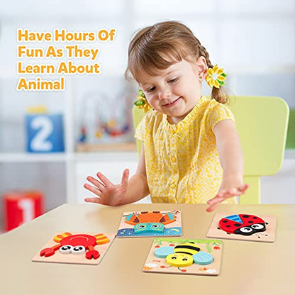 Coogam Wooden Jigsaw Puzzle Set, 6 Pack Animal Shape Color Montessori Toy, Fine Motor Skill Early Learning Preschool Educational Gift Game for Years Old Kids