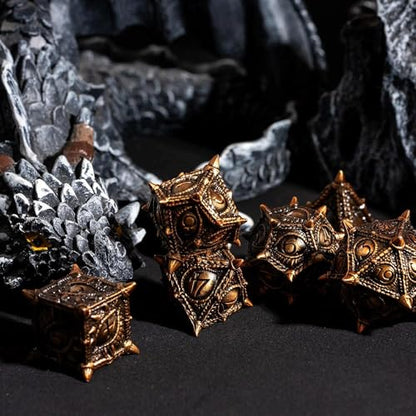 Metal Dice Set Dragon Eye Metal DND Dice Set for D&D Tabletop Games | Leather Storage Bag, DM Gift, for Dungeons and Dragons Role Playing Games - color: Dragon-antique Gold