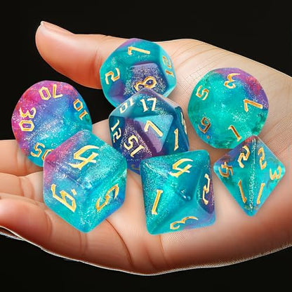 7Pcs Polyhedral Dice Set with Black Storage Bag(Green&Purple+Nebula) | Classic dice set for RPG Polyhedral Dice for Dungeon and Dragons Playing Games 7-Die Set - color: Green&purple+nebula Dice