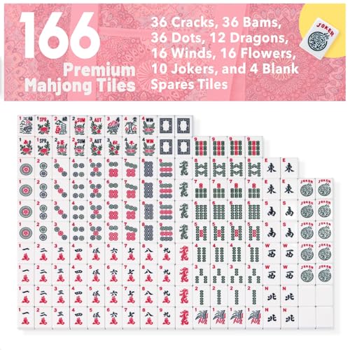 American Mahjong Tile Set with Pink Printed Carrying Bag, 166 Blue Tiles, 4 All-in-One Color Racks/Pushers, Mah Jongg Sets, Mahjong Game Set for Travel, Christmas, Birthday Gifts - color: Pink（blue Tiles）