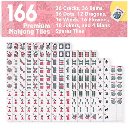 American Mahjong Tile Set with Pink Printed Carrying Bag, 166 Blue Tiles, 4 All-in-One Color Racks/Pushers, Mah Jongg Sets, Mahjong Game Set for Travel, Christmas, Birthday Gifts - color: Pink（blue Tiles）