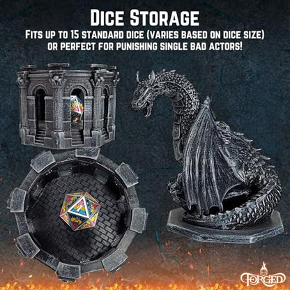 Forged Dice Co. Dragon Dice Jail - D&D Dice Holder and Storage Box with Removable Collectors Dragon Miniature - Fits Up to 2 Standard Polyhedral RPG Sets - Black - color: Black Dragon Dice Jail