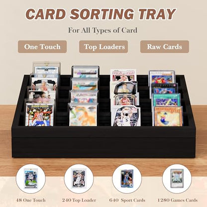 Emfogo Wooden Card Sorting Tray Trading Card Display, 16-Compartment Trading Cards Organizer with Handle Design, Cards Sorter for Sports, Trading, TCG, Game, and Collection Display, Black