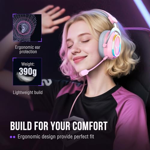 FIFINE AmpliGame H13P Wired RGB Gaming Headset for PC, Mac, PS4, PS5 | 50mm Drivers, 7.1 Surround Sound, Solid Metal Frame, AI Noise Canceling Mic, Game/chat Balance, for gaming/streaming - color: Pink