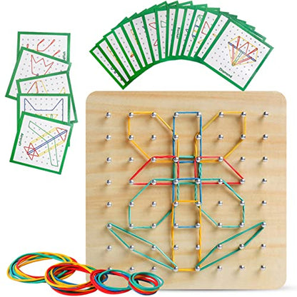 Wooden Geoboard, Montessori STEM Toy with Pattern Blocks for Kids Ages 3+ | Rubber Bands & Pattern Cards, Fine Motor Math Learning Geo Board, Classroom Home STEM Activity, Brain Teaser Educational Gift - size: 7*7 in
