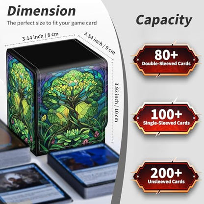 BVDIKMI Card Deck Box for MTG, Card Storage Box Fits 100+ Single Sleeved Cards, PU Leather Strong Magnet Card Deck Case Holder for Magic Commander TCG CCG, Green Tree - color: Green Tree