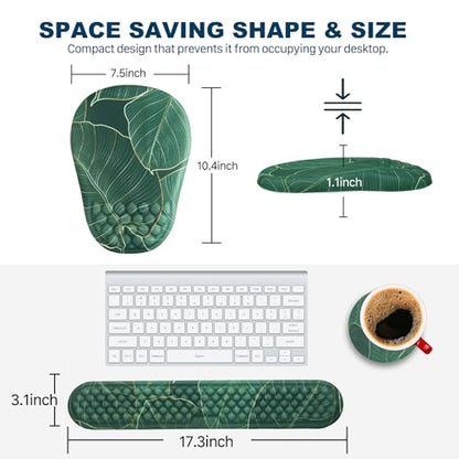 Ergonomic Mouse Pad and Keyboard Wrist Rest with Massage Design, Space-Saving Mouse Pad Wrist Support, Memory Foam Wrist Rest with Non-Slip PU Base for Computer Desk, Green Leaves - color: Massage02-green Leaves