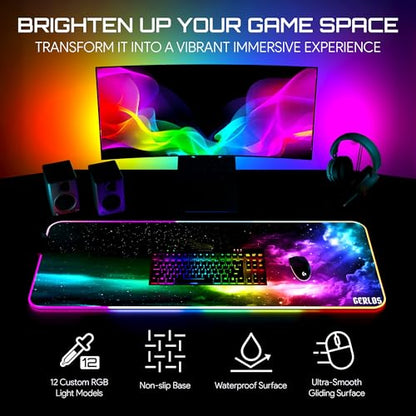 Gerlos RGB Gaming Mouse Pad, Large LED Desk Mat, 31.5 x 11.8 Inch | 12 light modes, non-slip base, water-resistant surface, stitched edges - color: Green