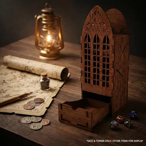 Walnut DND Dice Tower with 7 DND Dice Set & Pouch, Vintage Walnut Finish RPG Dice Roller for DND Dungeons and Dragons, Pathfinder & TTRPG Tabletop Games