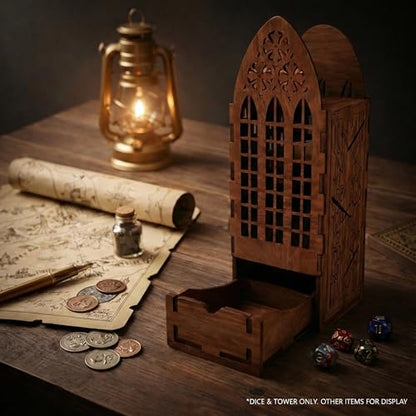 Walnut DND Dice Tower with 7 DND Dice Set & Pouch, Vintage Walnut Finish RPG Dice Roller for DND Dungeons and Dragons, Pathfinder & TTRPG Tabletop Games
