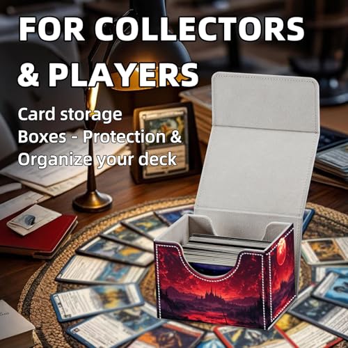 Trading Card Storage Box, Holds 100+ for MTG Cards, PU Leather with Magnetic Closure, Red Blood Moon Castle Fantasy Durable Deck Box for Magic the Gathering, Trading Card Games - color: Red Blood Moon Castle Fantasy