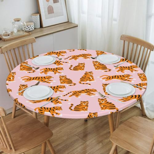 Famame Cute Tigers Pink Round Fitted Tablecloth with Elastic Protector Table Cloth Kitchen Dinner Waterproof Oil-Proof Table Covers Fits 40"-44", Small - color: Seamless Tigers Pink